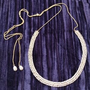 Henri Bendel Luxe Ribbon Rhinestone Pave Lariat Choker Rose Gold Necklace